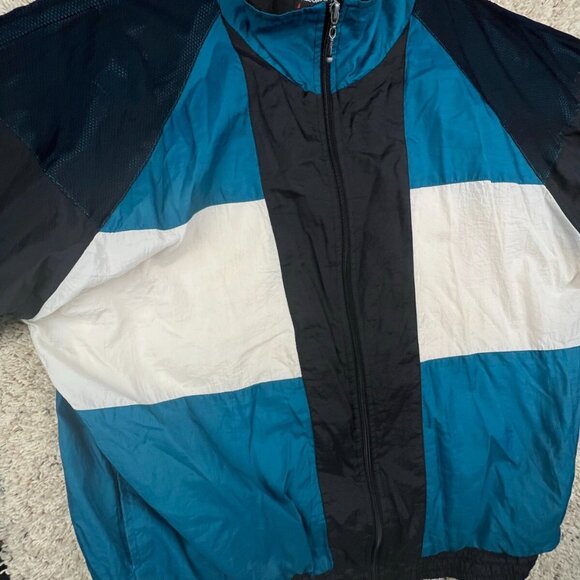 VTG Macgregor Sz L Color Block Track Windbreaker Jacket Black White Blue Zip Up - Picture 7 of 10